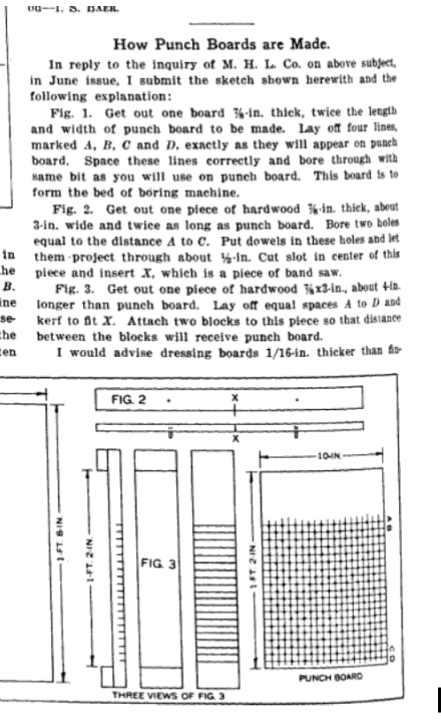 Method for making a punchboard shown in Woodworker magazine in 1923
